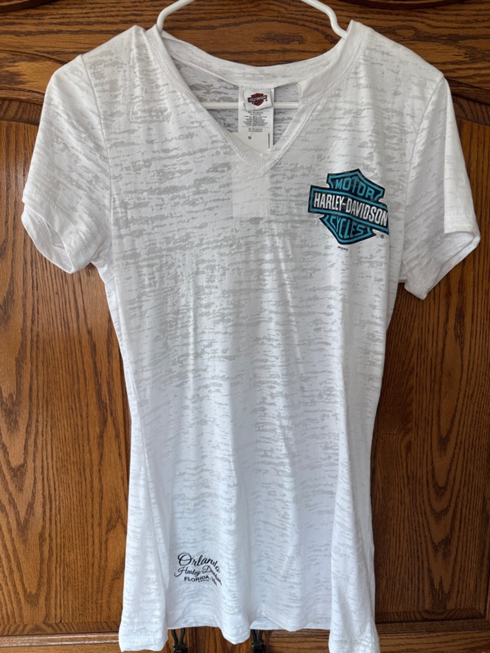 Harley-Davidson White Short Sleeve V-Neck Tee with Teal Logo